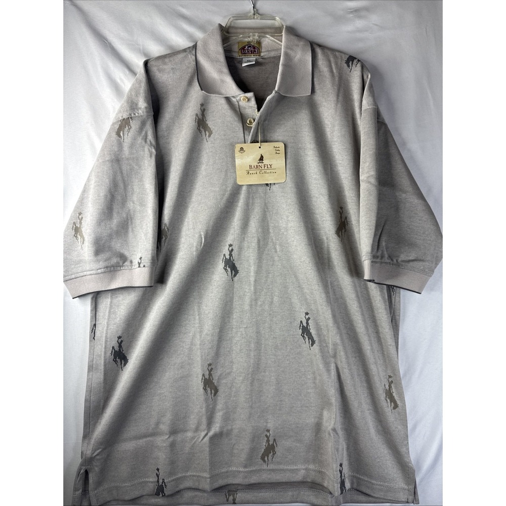 Barn Fly Ranch Collection Men's XL Polo Shirt Beige Cowboy Print NWT Made in USA